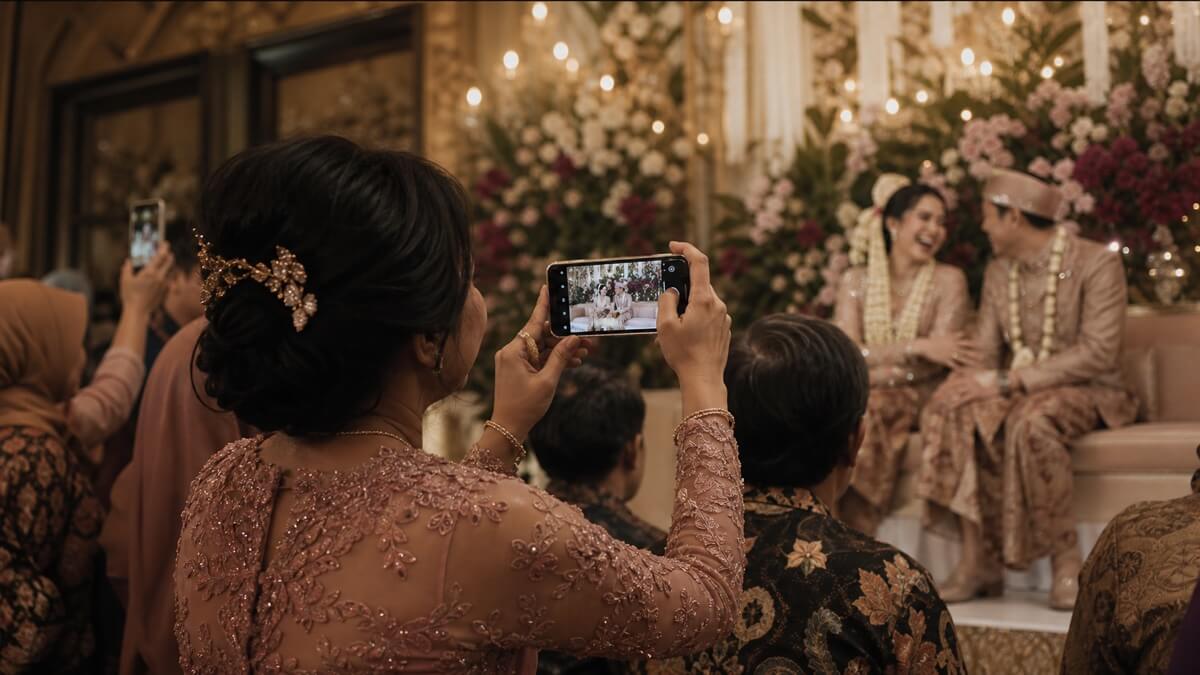 Tamu memotret resepsi dengan ponsel untuk album foto tamu pernikahan